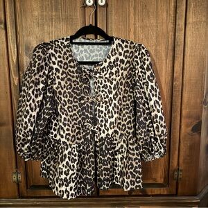 Tie Front Leopard Print Blouse with Puff Sleeves Size Large
